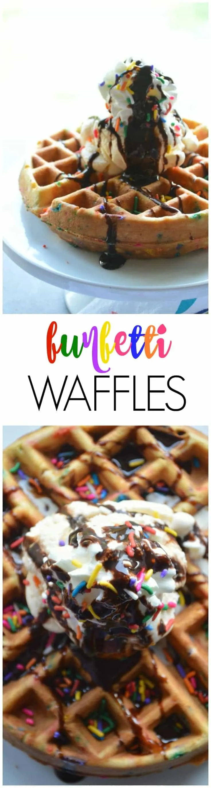 Fluffy vanilla waffle batter loaded up with sprinkles! Funfetti Waffles make a fun celebration breakfast or an amazing decadent dessert