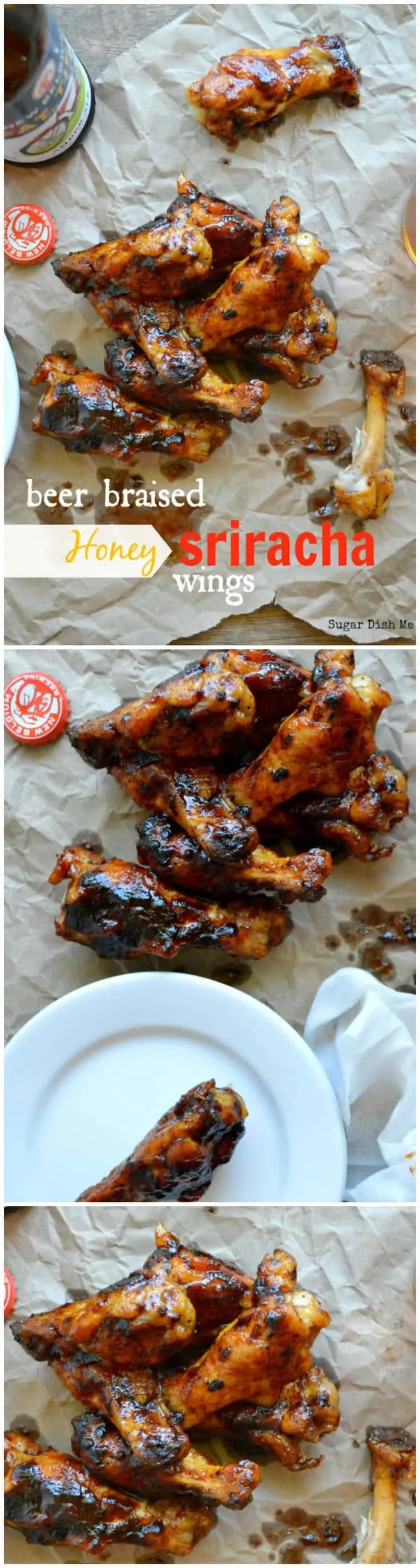 Turn out perfect crispy wings without frying! These Beer Braised Honey Sriracha Wings are sweet, spicy, and the perfect appetizer for game day gatherings!