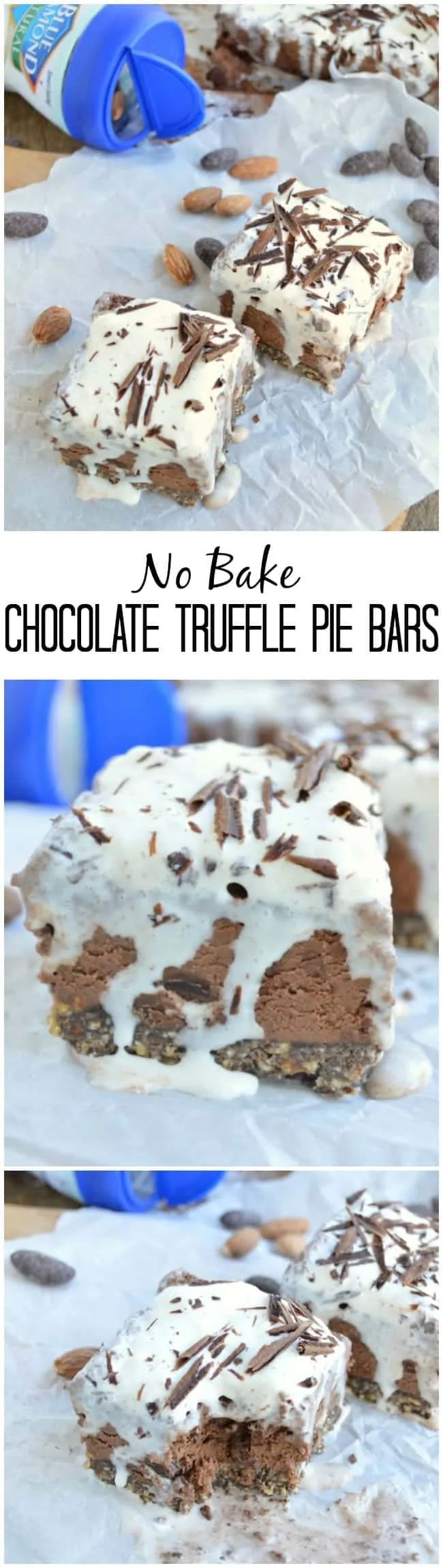These No Bake Chocolate Truffle Pie Bars are cool and creamy and have a delicious chocolate almond crust!!