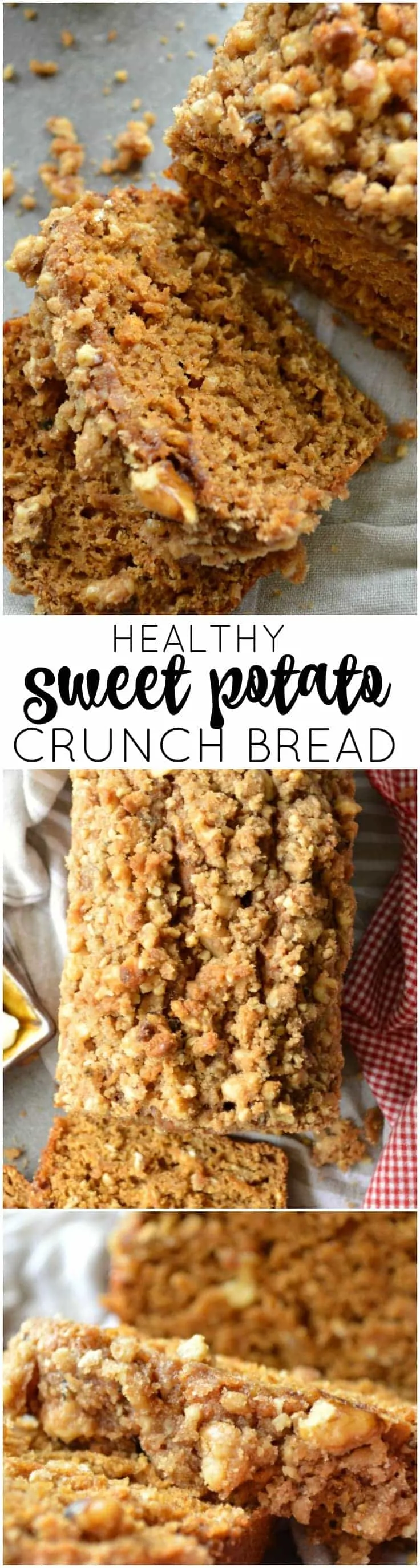 This Healthy Sweet Potato Crunch Bread uses unsweetened applesauce and mashed sweet potatoes for a wholesome treat that will satisfy your sweet tooth!
