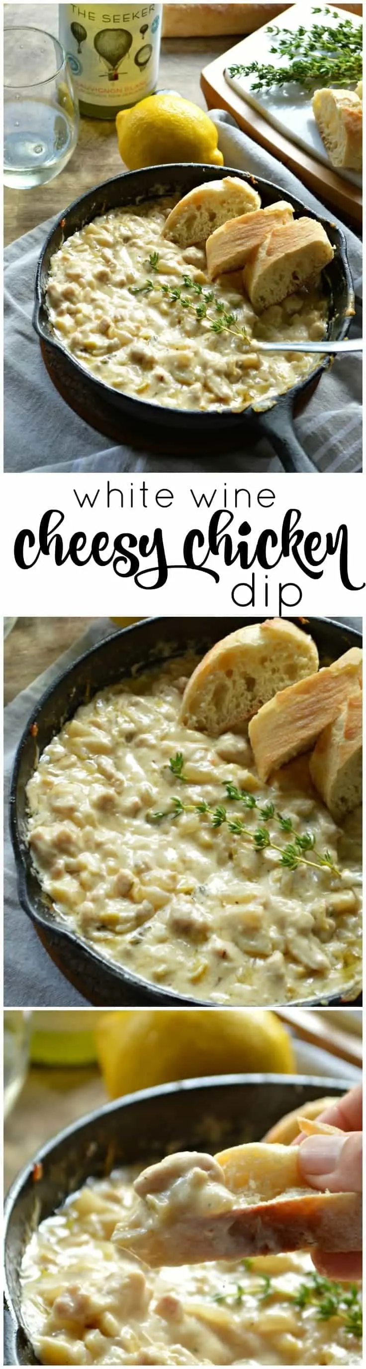 White Wine Cheesy Chicken Dip is perfect for parties! This easy appetizer recipe is loaded with chicken, cheese, fresh herbs, and the zing of white wine.