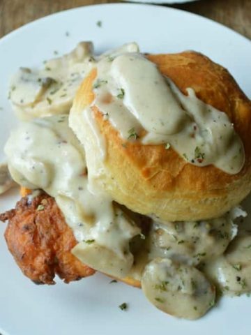 Friend Chicken Biscuits with Mushroom Gravy