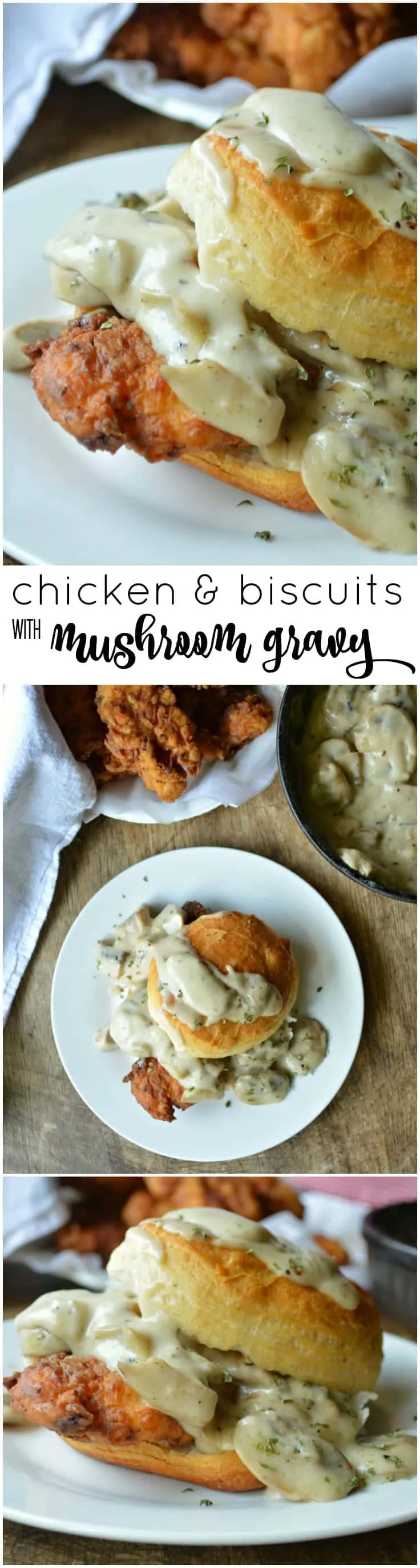 Easy Chicken and Biscuits with Mushroom Gravy is perfect for a hearty breakfast or a quick weeknight meal!