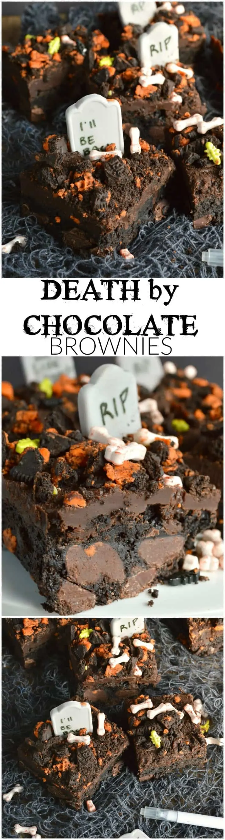 Death by Chocolate Brownies - what a way to go! Thick fudgy brownies are loaded with chocolate chunks, topped with rich chocolate ganache and crushed Oreo cookies. These are all dressed up for Halloween, but they are sure to quell that chocolate craving all year round!
