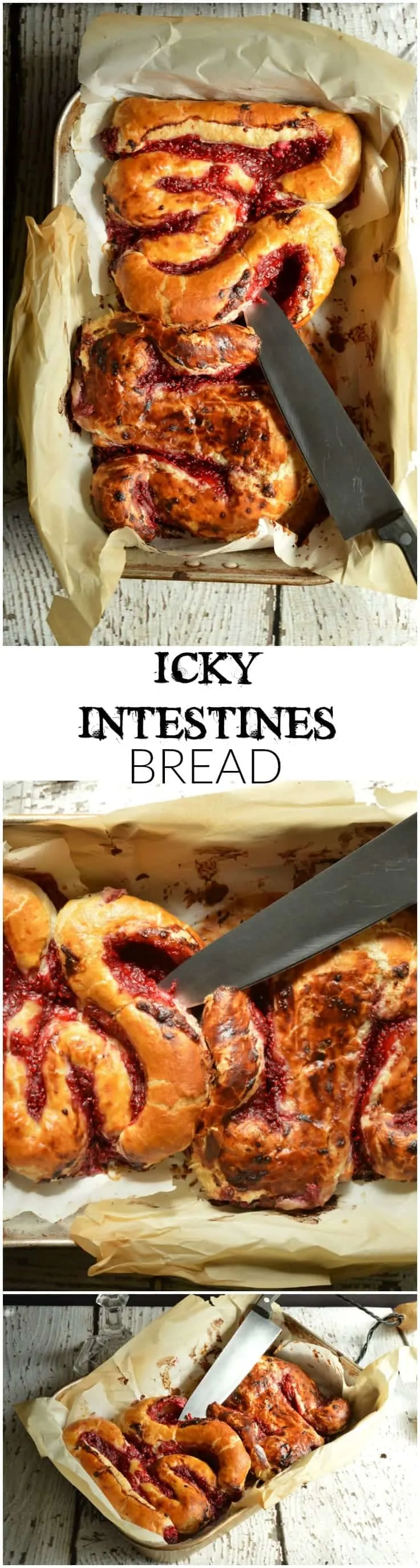Icky Intestines bread will make your Halloween Boo Bash guests both gasp and swoon! Puff pastry is filled with sweet cream cheese and raspberry sauce, rolled up into large and small intestine shapes, and baked for a sweet breakfast or dessert icky good Halloween treat