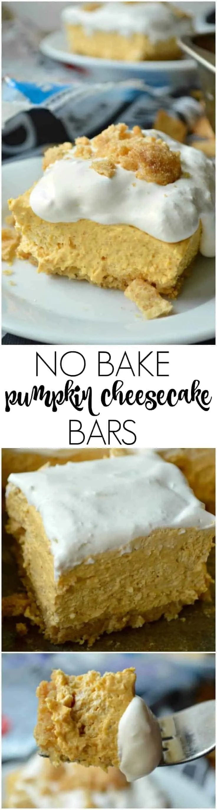 These easy No Bake Pumpkin Cheesecake Bars have a cinnamon sugar crust that will make you swoon, and require just 15 minutes of work!