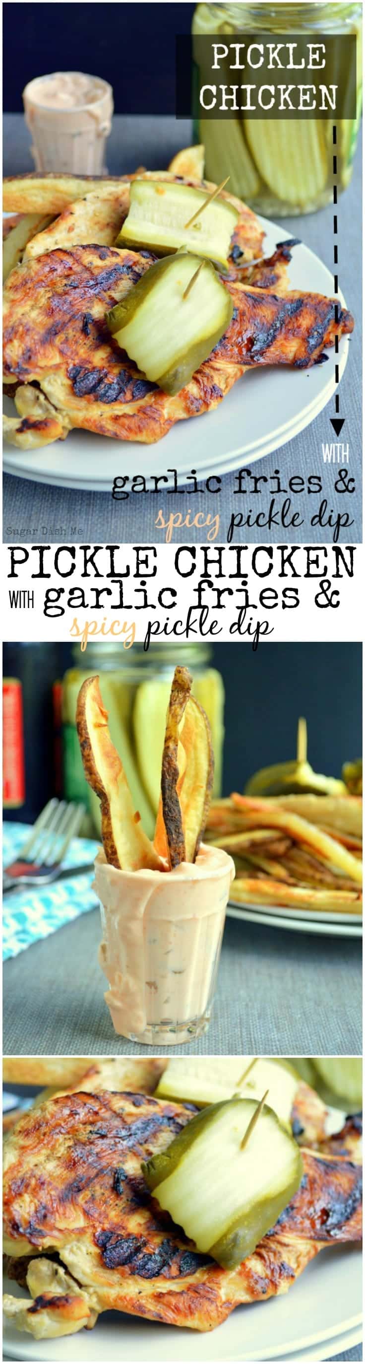 Chicken breasts marinated in leftover pickle juice! Grilled and served with crispy roasted garlic fries and a spicy pickle dip made with Greek yogurt. A delicious and healthy 30-minute meal!