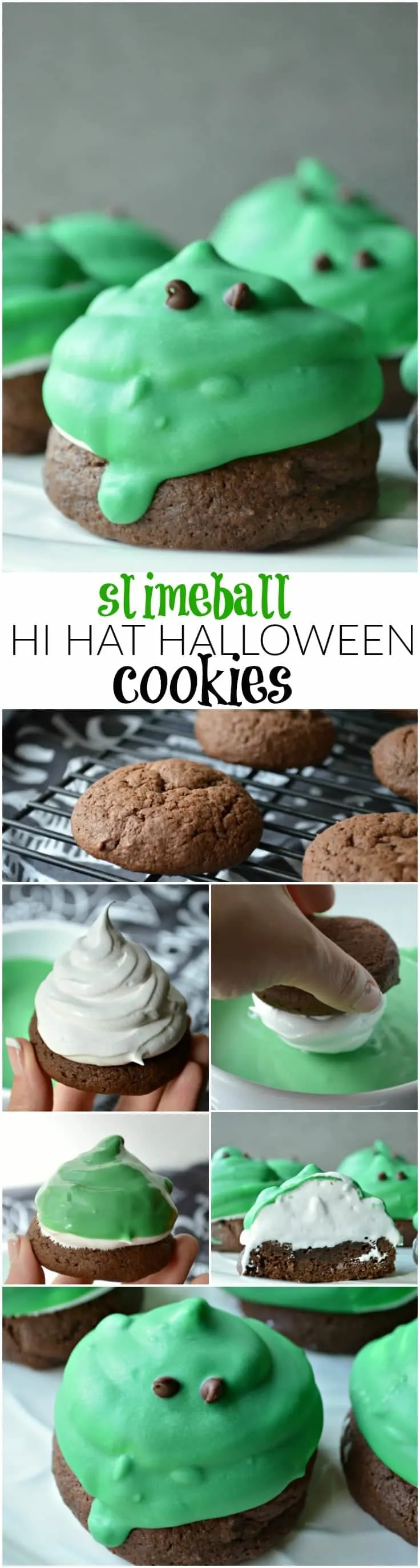 So much fun for Halloween! These Slimeball Hi Hat Halloween Cookies are topped with fluffy homemade marshmallow frosting and dipped in chocolate for a spooky sweet treat