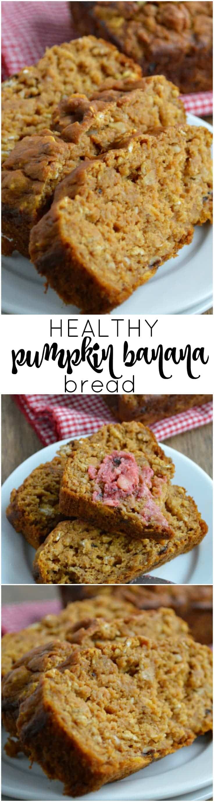 This moist quick bread recipe uses applesauce, bananas, and pumpkin in place of the butter and is loaded with fall flavor. Only 1/2 cup brown sugar in the whole recipe!