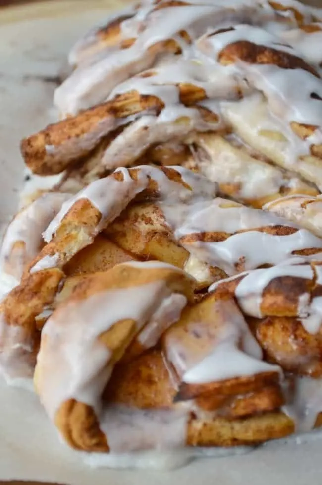 Overhead view of a baked and frosted breakfast braid