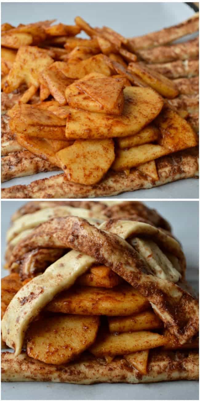 Spiced apples piled onto cinnamon roll dough ready to be braided for a gorgeous pastry.