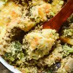 Overhead view of this Healthy Broccoli Rice Casserole Recipe loaded with fresh broccoli, brown rice, and a homemade cheese sauce