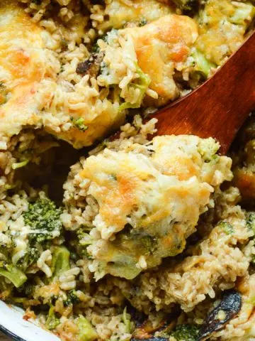Overhead view of this Healthy Broccoli Rice Casserole Recipe loaded with fresh broccoli, brown rice, and a homemade cheese sauce