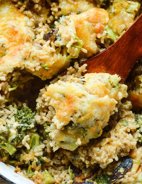 Overhead view of this Healthy Broccoli Rice Casserole Recipe loaded with fresh broccoli, brown rice, and a homemade cheese sauce