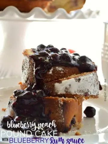 Blueberry Peach Pound Cake with Boozy Blueberry Sauce