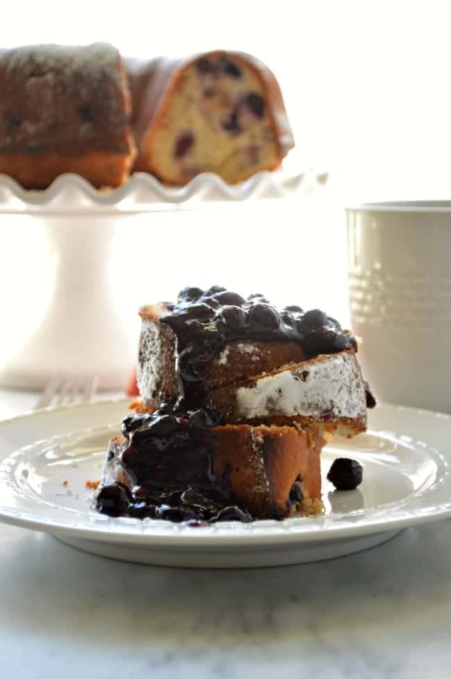 Blueberry Peach Pound cake with Boozy Blueberry Sauce