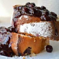 Blueberry Peach Pound Cake with Boozy Blueberry Sauce
