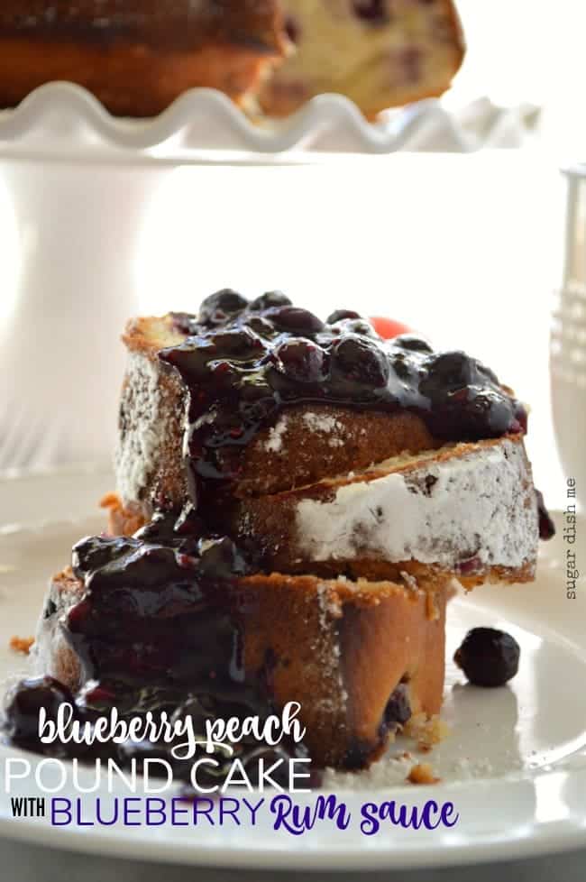 Blueberry Peach Pound Cake with Boozy Blueberry Sauce