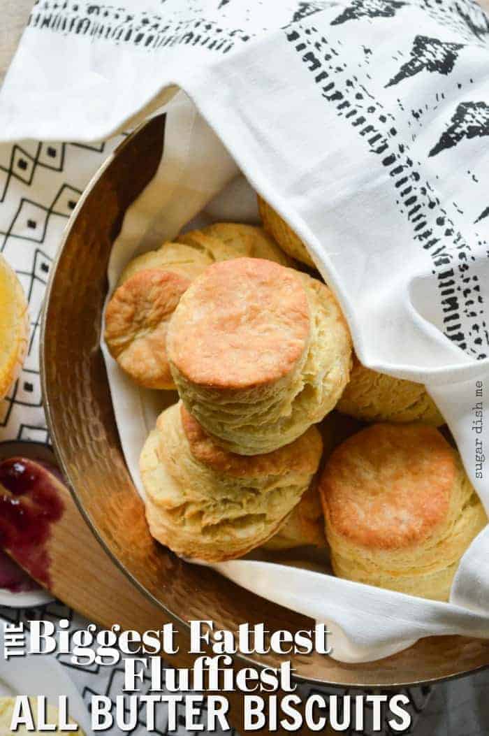 The Biggest Fattest Fluffiest All Butter Biscuits all piled up in a bowl ready for breakfast