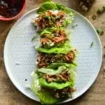 Permalink to: Chinese Pork Lettuce Wraps Chinese Pork lettuce Wraps overhead image; bright green Boston Bibb lettuce, tender Chinese BBQ pork, and a little sticky jasmine rice.