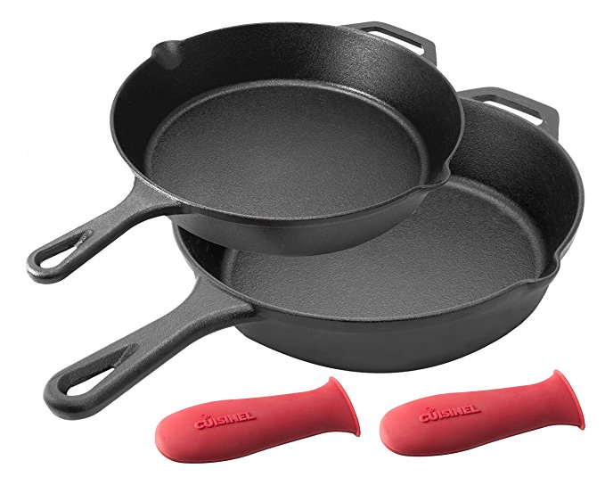 Pre-Seasoned Cast Iron Skillet 2-Piece Set (10-Inch and 12-Inch) Oven Safe Cookware | 2 Heat-Resistant Holders | Indoor and Outdoor Use | Grill, Stovetop, Induction Safe