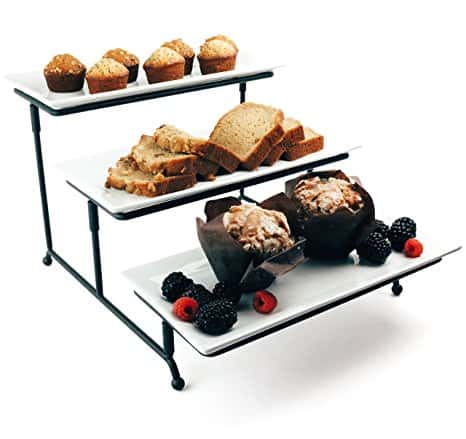 Food Serving Tray Set: 3 Tier Metal Display Stand with 3 White Rectangular Stoneware Platters | Perfect for Party Foods, Desserts, Cakes & Cupcakes by Chef's Medal