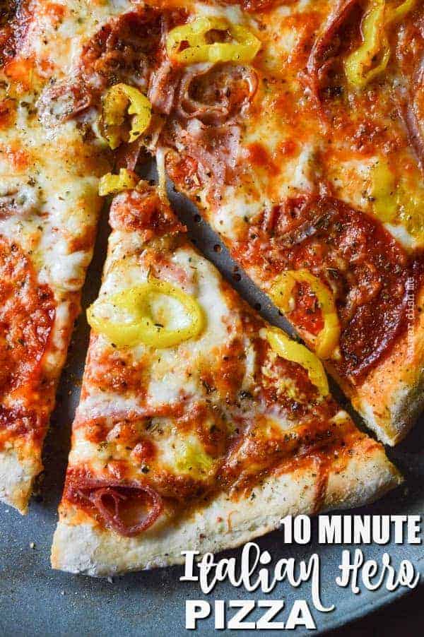 10 Minute Italian hero Pizza is cheesy, topped with your favorite hero sub deli meats, and banana peppers