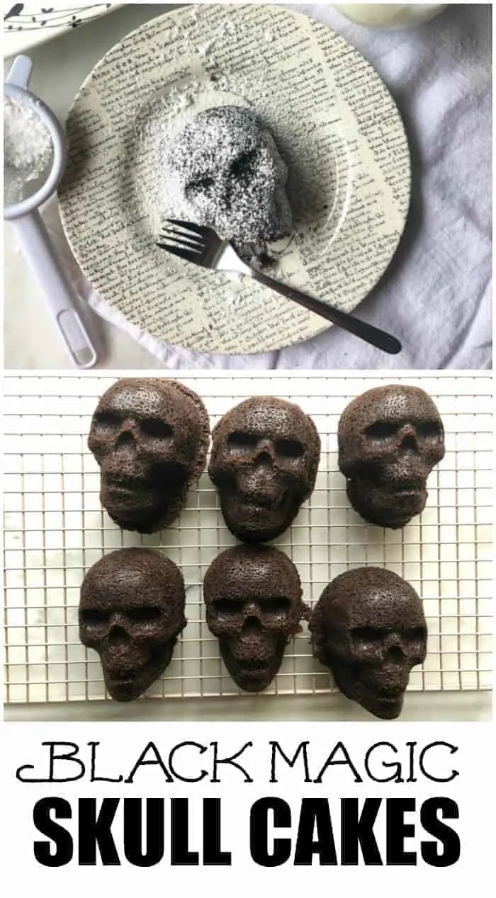 Black Magic Skull Cakes are the perfect Halloween Treat! Made with Nordic Ware's Skull Pan and covered in powdered sugar. 