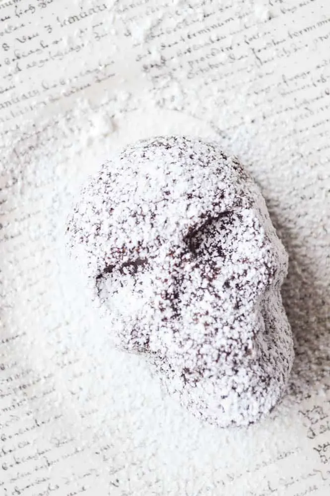 Black magic Skull Cake served dusted with powdered sugar