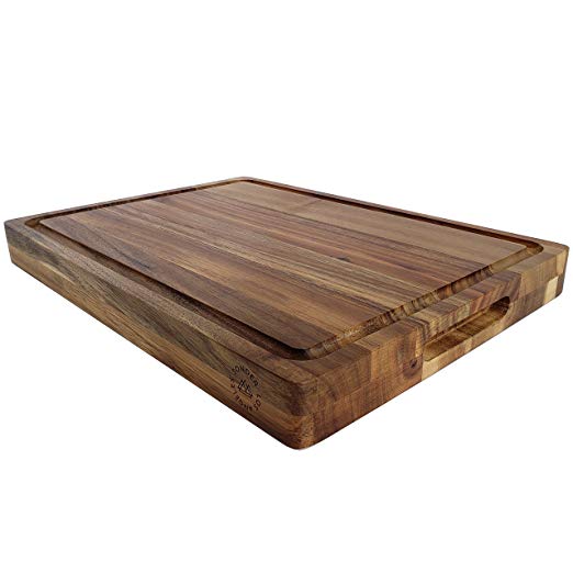 Large Reversible Multipurpose Thick Acacia Wood Cutting Board: 16x12x1.5 Juice Groove & Cracker Holder by Sonder LA (Gift Box Included)