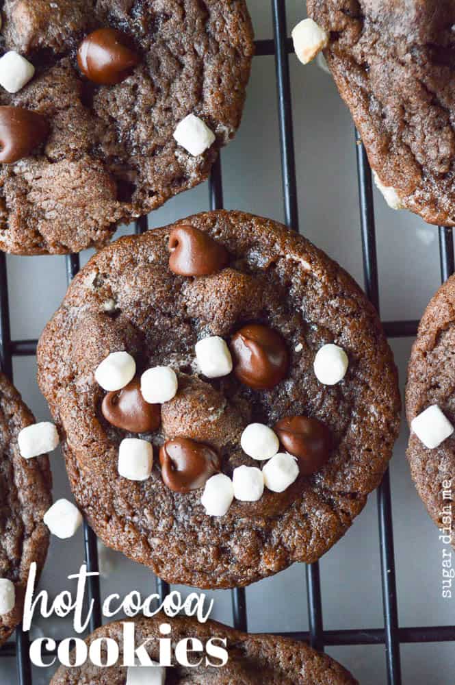 Hot Cocoa Cookies are rich chocolate studded with semi-sweet chocolate chips and little tiny mallow bits. they are all lined up on a rack for cooling