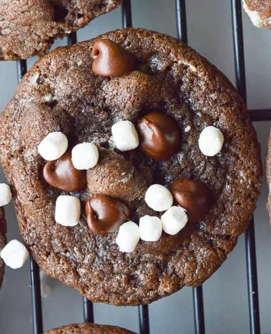 Hot Cocoa Cookies are chocolate with chocolate chips and are covered in little mallow bits