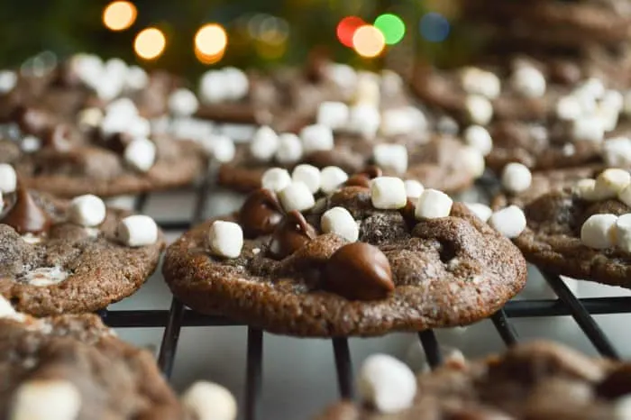Hot Cocoa Cookies Cooling in front of the Christmas tree