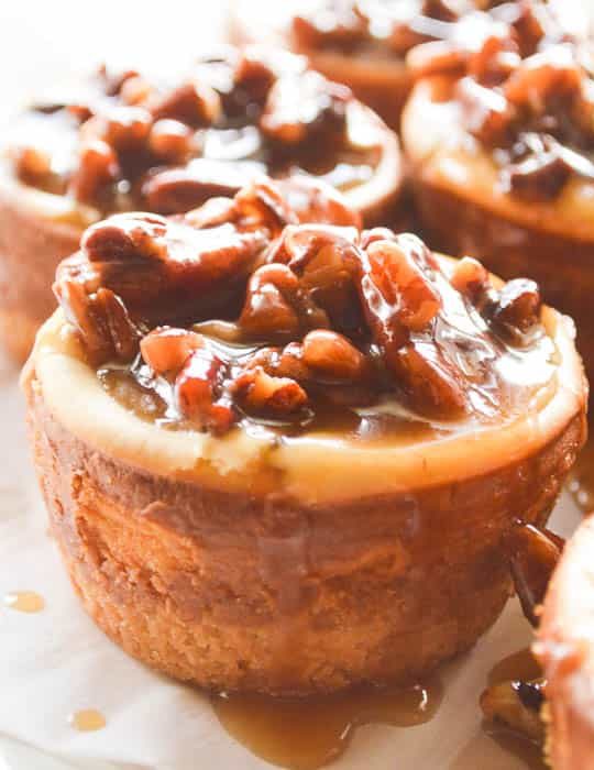 Square close up image of little spiced rum pecan cheesecakes