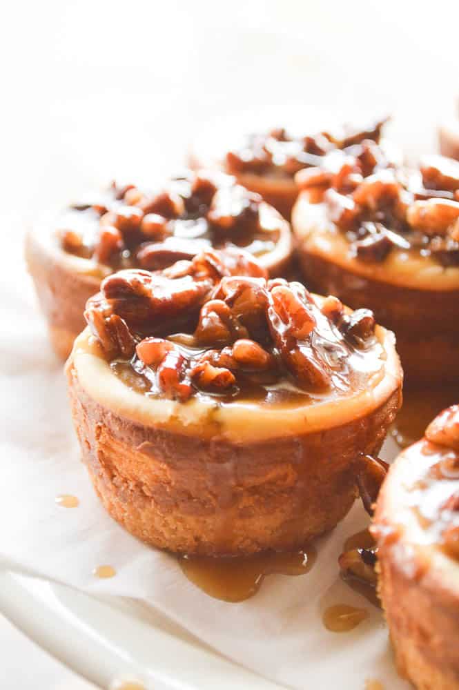 Spiced Rum Pecan Cheesecakes are small, smooth, decadent cheesecakes covered in a homemade caramel sauce with pecans; this is a whole plate of cheesecakes on parchment paper with a bright white background