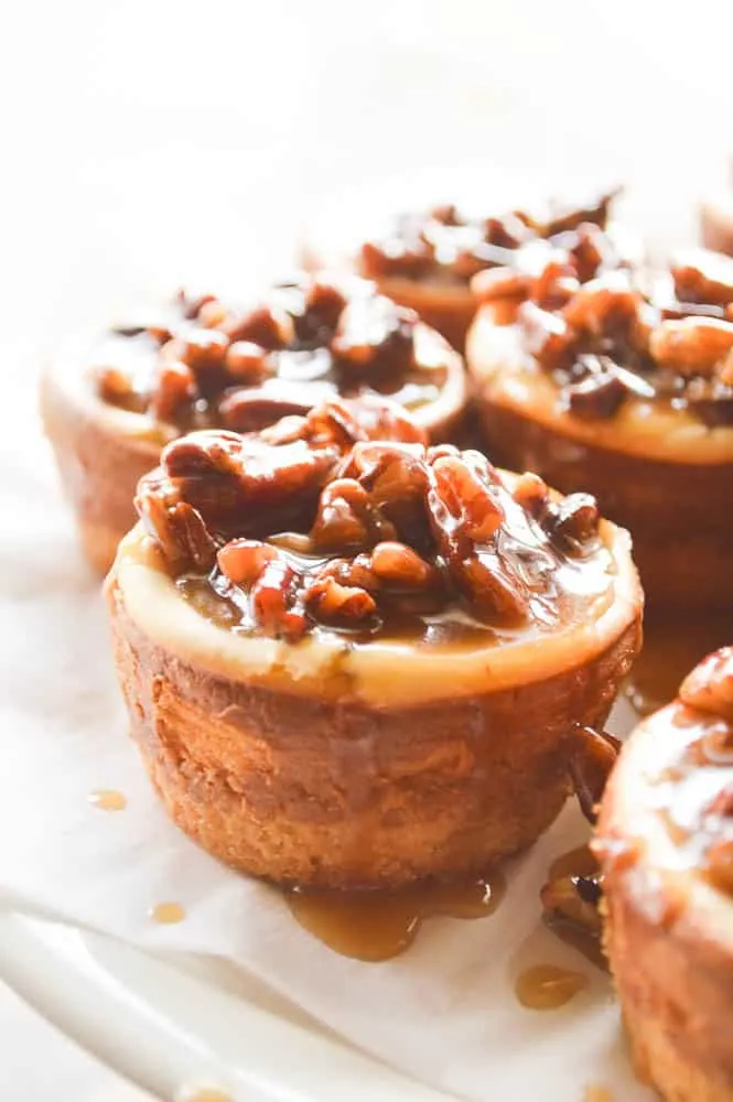 Spiced Rum Pecan Cheesecakes are small, smooth, decadent cheesecakes covered in a homemade caramel sauce with pecans; this is a whole plate of cheesecakes on parchment paper with a bright white background