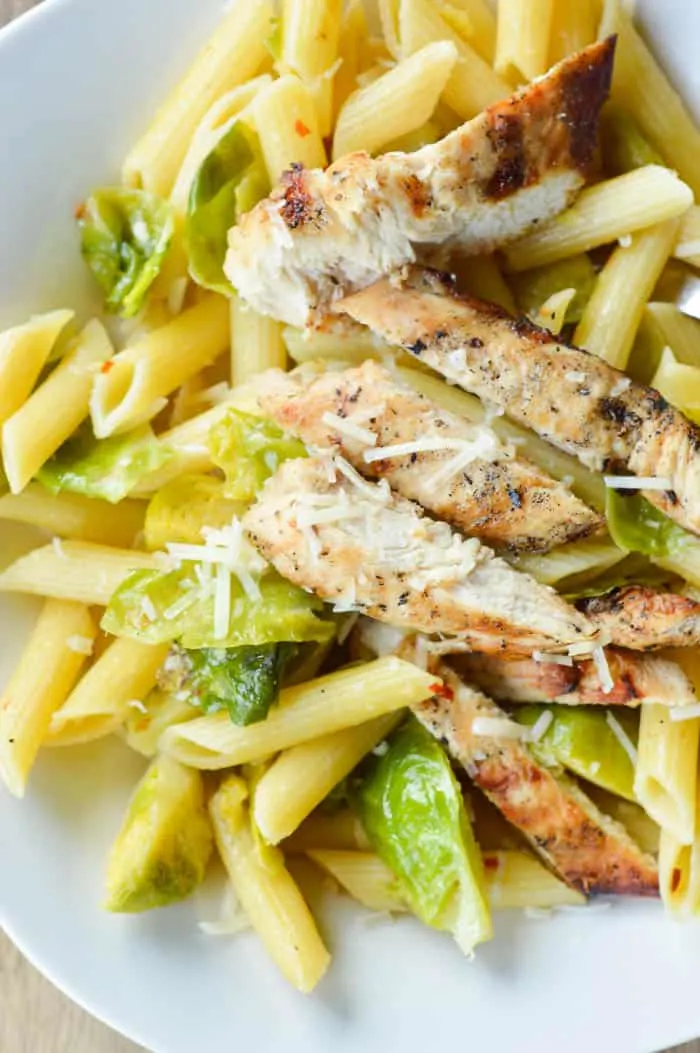Grilled Chicken and Brussels Sprouts Pasta overhead close up view
