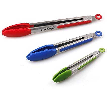 HOT TARGET Set of 3-7, 9, 12 Inch, Heavy Duty, Non- Stick, Stainless Steel Silicone BBQ/Kitchen Tongs (Can Also be Used as BBQ Turners), (Pack of 3, Multi Color)