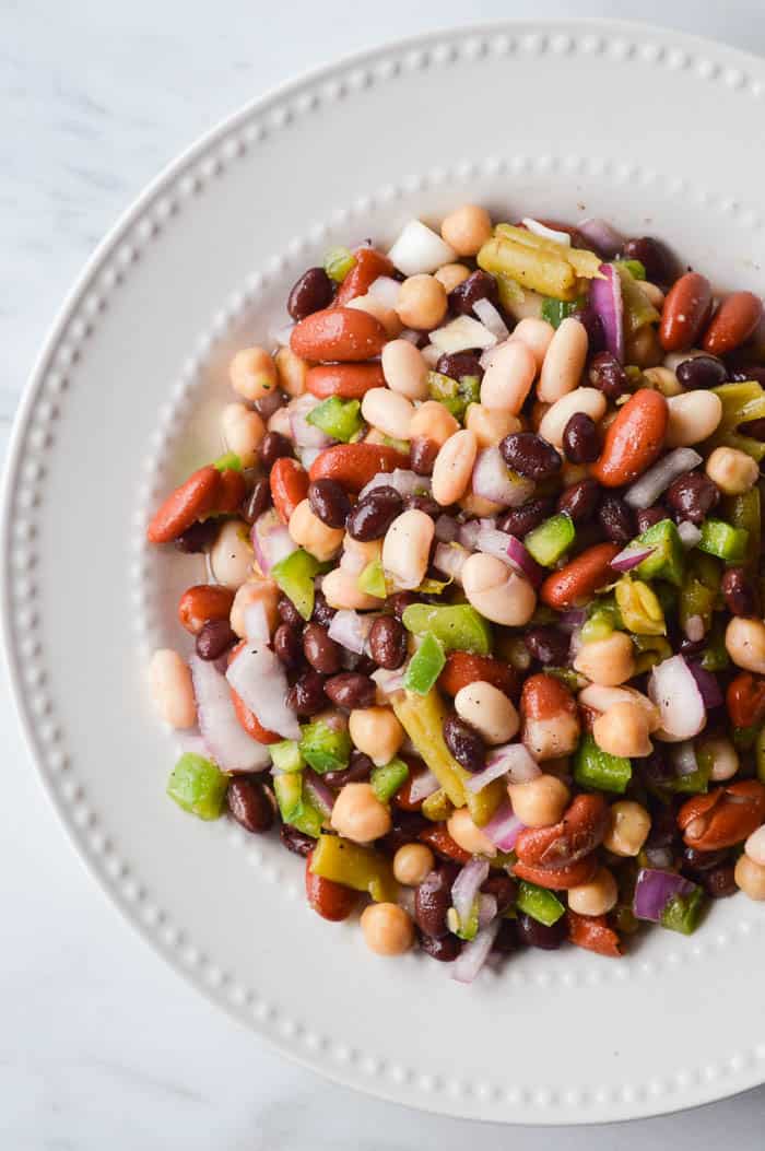 The Best Easy 5 Bean Salad shot from overhead in a simple white serving dish.