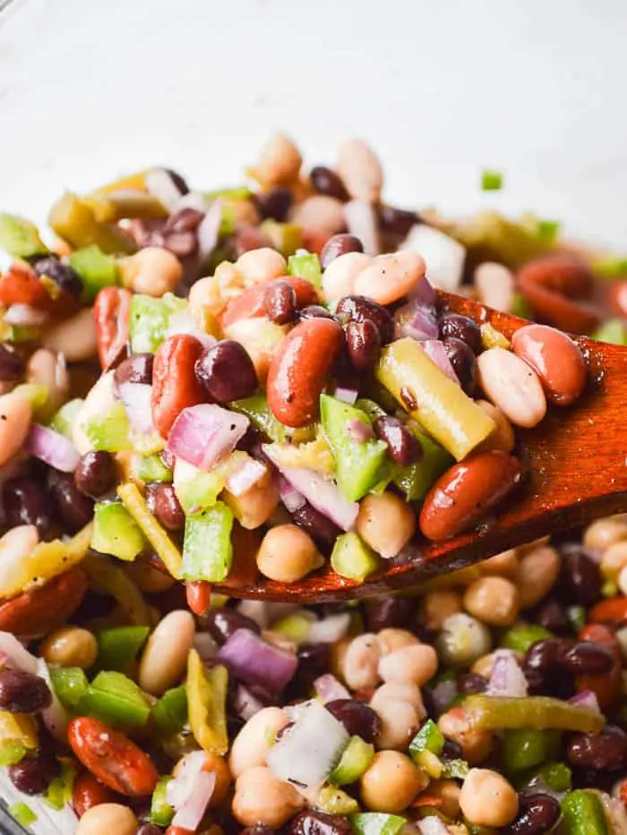 The Best Easy Bean salad spooned up and ready to serve