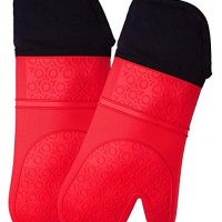 Extra Long Professional Silicone Oven Mitt - 1 Pair - Oven Mitts with Quilted Liner - Red - Homwe