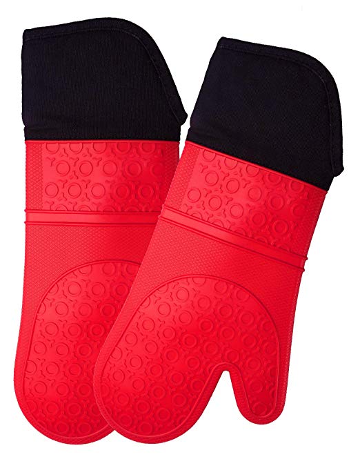 Extra Long Professional Silicone Oven Mitt - 1 Pair - Oven Mitts with Quilted Liner - Red - Homwe