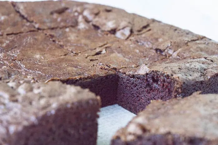 A close up image of THE BEST homemade brownies. They are dense, fudgey, and super thick, perfect for sundaes.