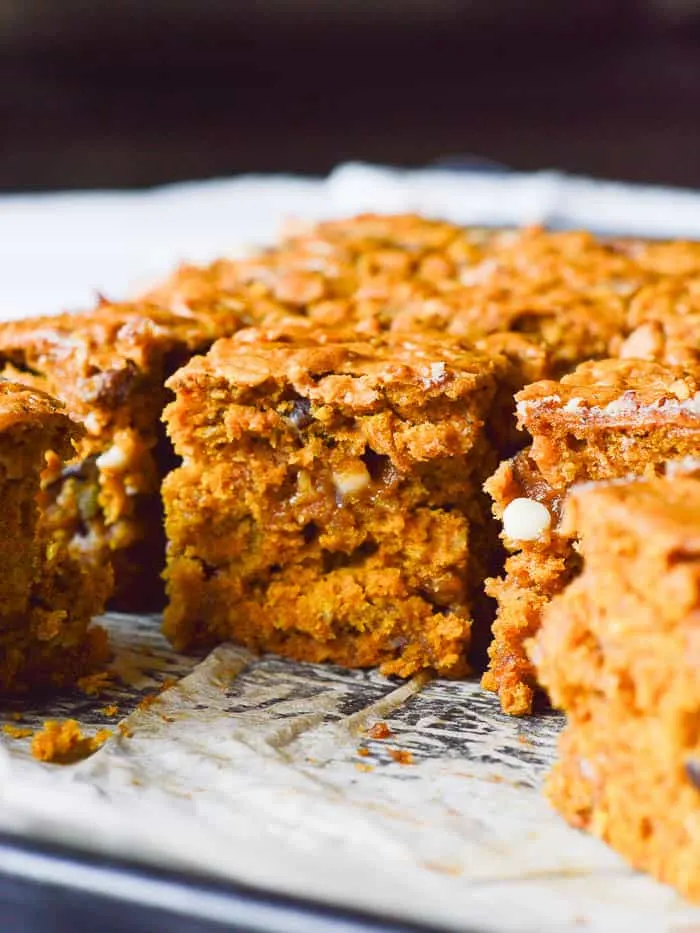 a close up of Pumpkin Cake Bars shows moist cake with a tender crumb, flecks of chopped pecans, melted white chocolate chips, and the deep burnt orange hue lent by canned pumpkin