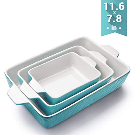 Bakeware Set, Krokori Rectangular Baking Pan Ceramic Glaze Baking Dish for Cooking, Kitchen, Cake Dinner, Banquet and Daily Use, 11.6 x 7.8 Inches of Aquamarine, 3 Pack of Rectangular