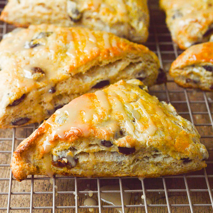 A square cropped close up image of golden brown run raisin scones, glazed and cooling on a cooling rack.