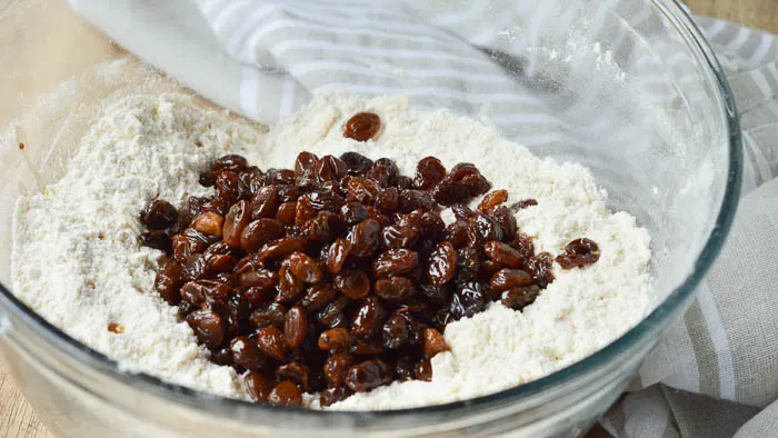 Raisins are soaking in rum overnight making them plump and juicy and perfect for these fruity delicious Rum Raisin Scones