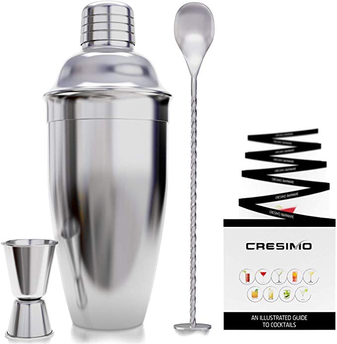 24 Ounce Cocktail Shaker Bar Set with Accessories - Martini Kit with Measuring Jigger and Mixing Spoon plus Drink Recipes Booklet - Professional Stainless Steel Bar Tools - Built-in Bartender Strainer