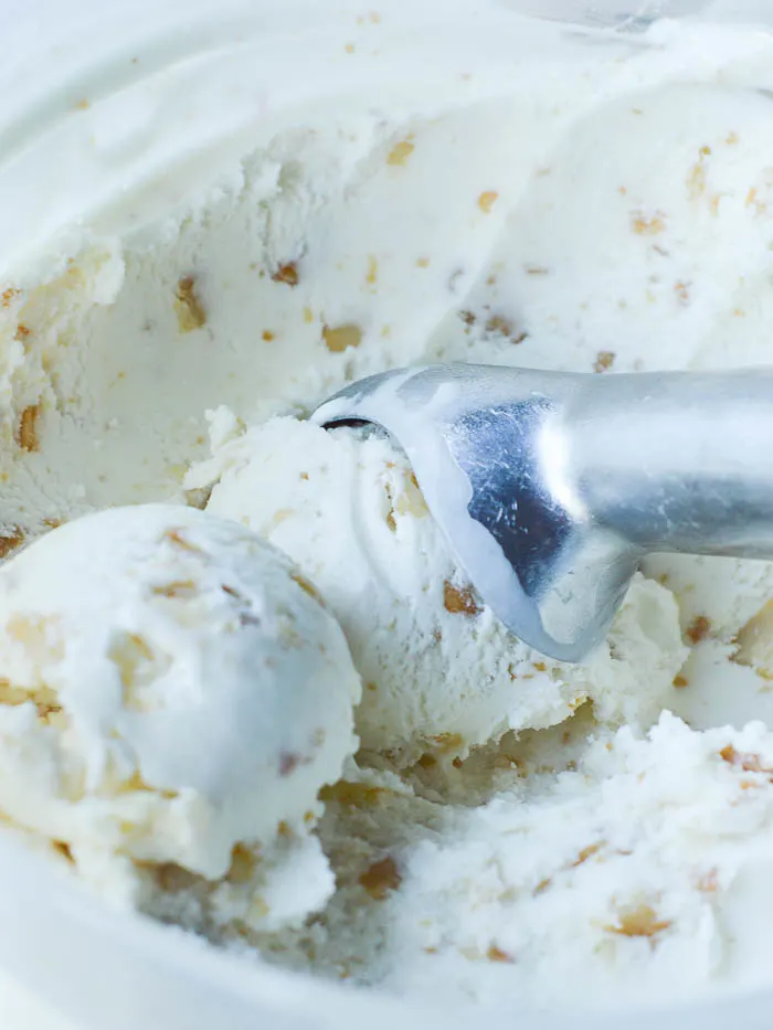 A metal ice cream scoop gliding through a creamy tub of coconut ice cream