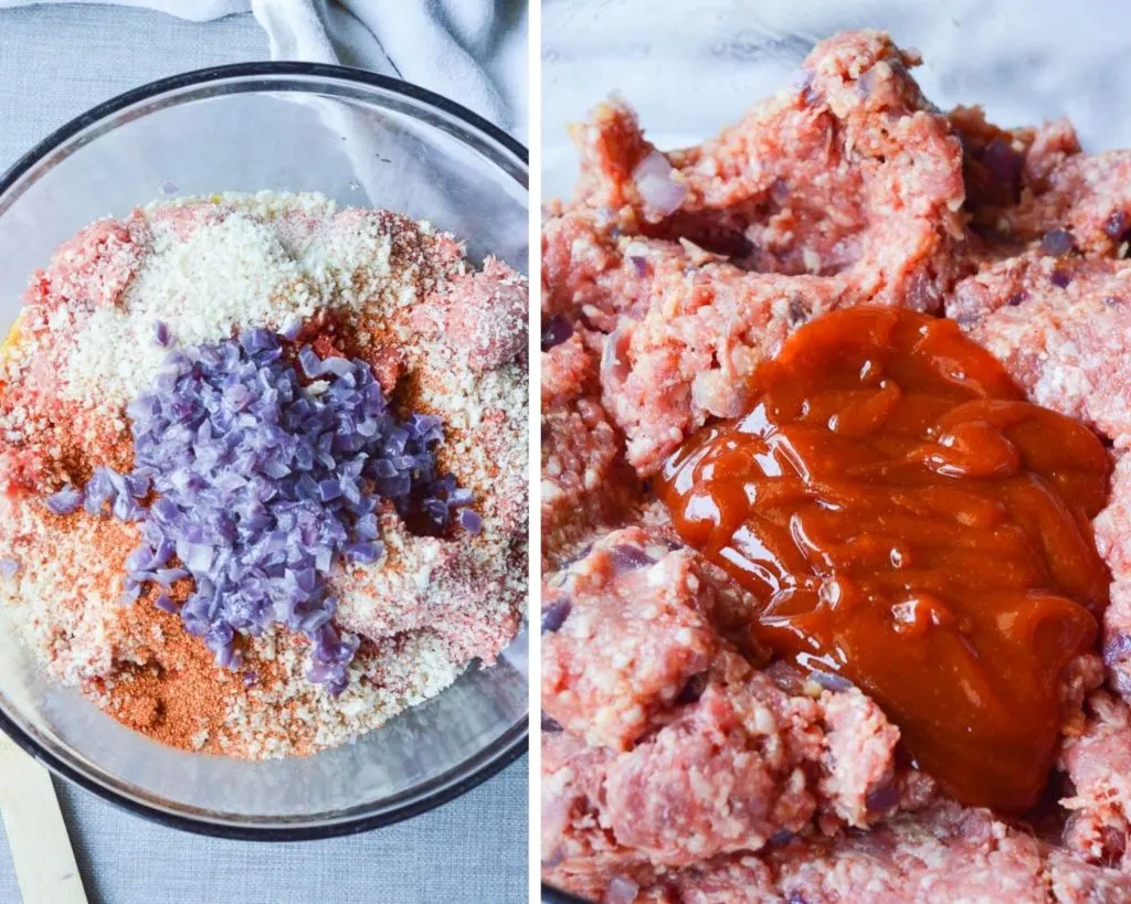 Side by side photos of meatloaf mix in a bowl. On the left, you can see raw ground beef, sauteed red onions, bread crumbs, and seasoning. On the right you can see the already mixed up meat with a puddle of spicy ketchup to be mixed in